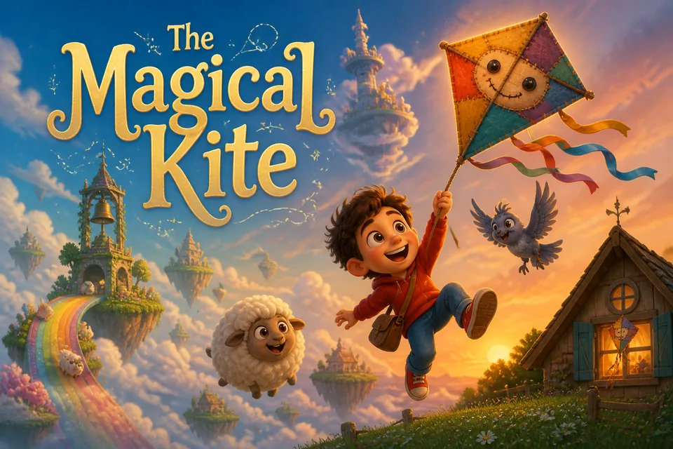 Cover of The Magical Kite: a boy flies a patchwork kite above floating islands with a sheep and a bird