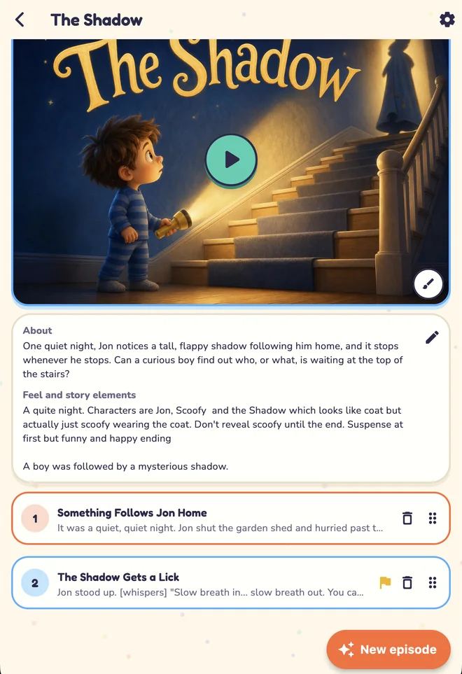 The Shadow storybook page with its cover, about and story notes, and a list of two episodes